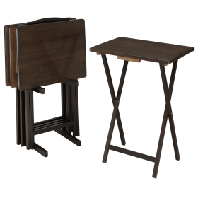 5-Piece Rubberwood Folding TV Tray Table Set of 4 with Storage Rack, Walnut