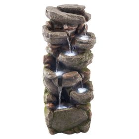 Outdoor Water Fountain, 38.98 in Height Fountain and Waterfall, 7-Tier Floor Standing Rock-Shaped Cascading Fountains with LED Light and Pump